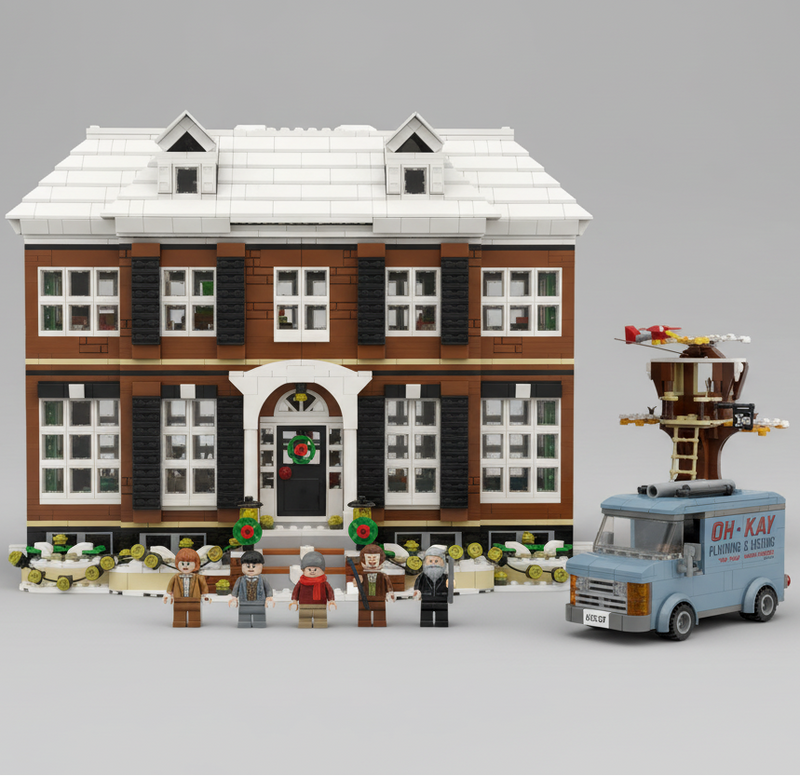 Model of a house with a truck and people in front on a gray background
