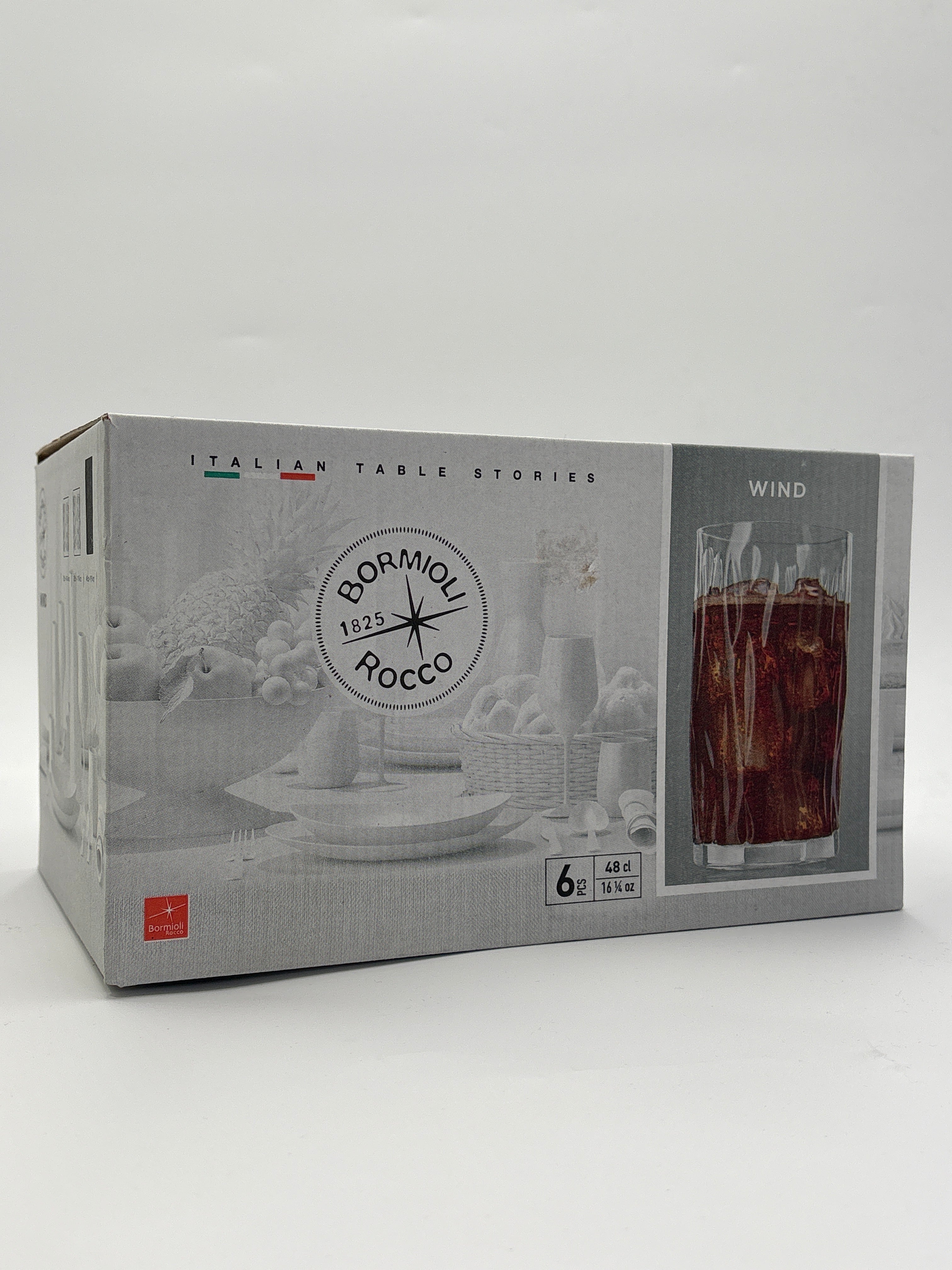 Box of 16 oz clear drinking glasses by DOLLARS UNIVERSE LLC with Italian table stories design