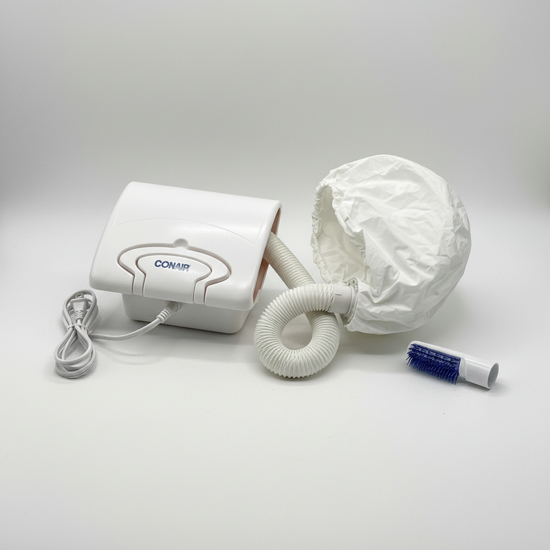 Conair soft bonnet dryer with white hood, flexible hose, and blue brush attachment for hair drying