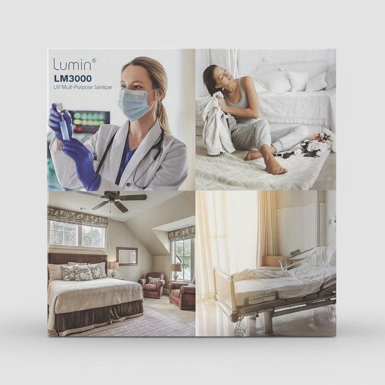 Product packaging with images of a woman and a room, featuring the brand 'Lumin'.