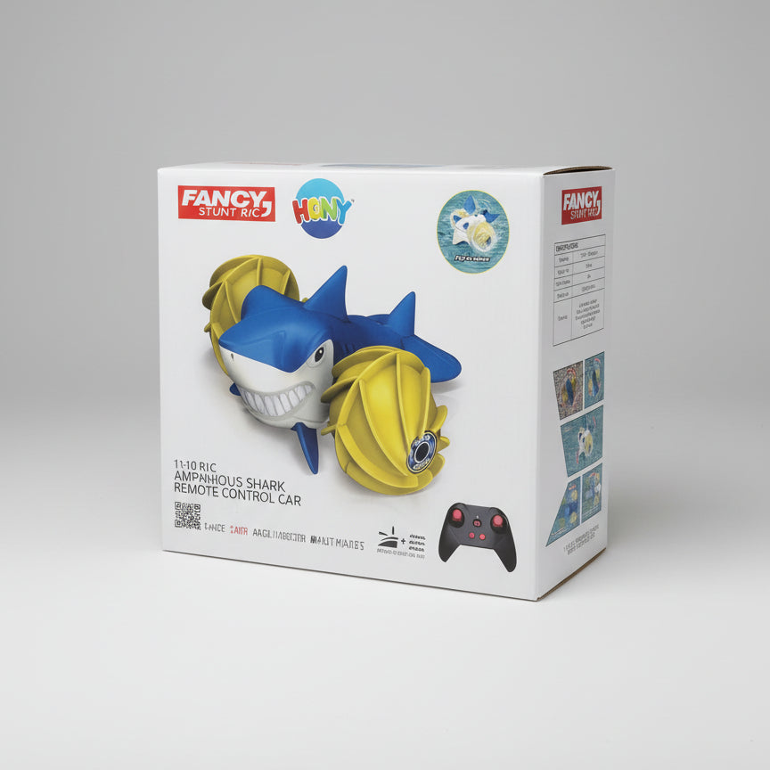 Fancy RC toy packaging with toy figures on a store shelf background