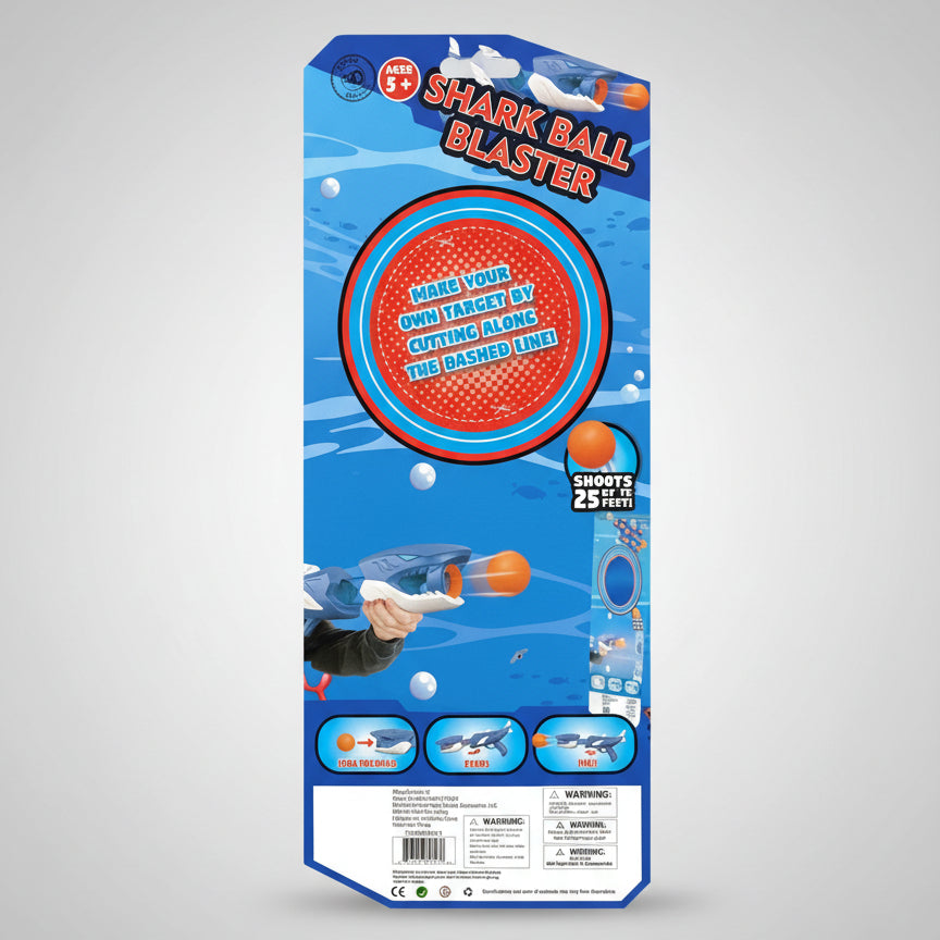 Toy packaging for a shark blaster on a gray surface