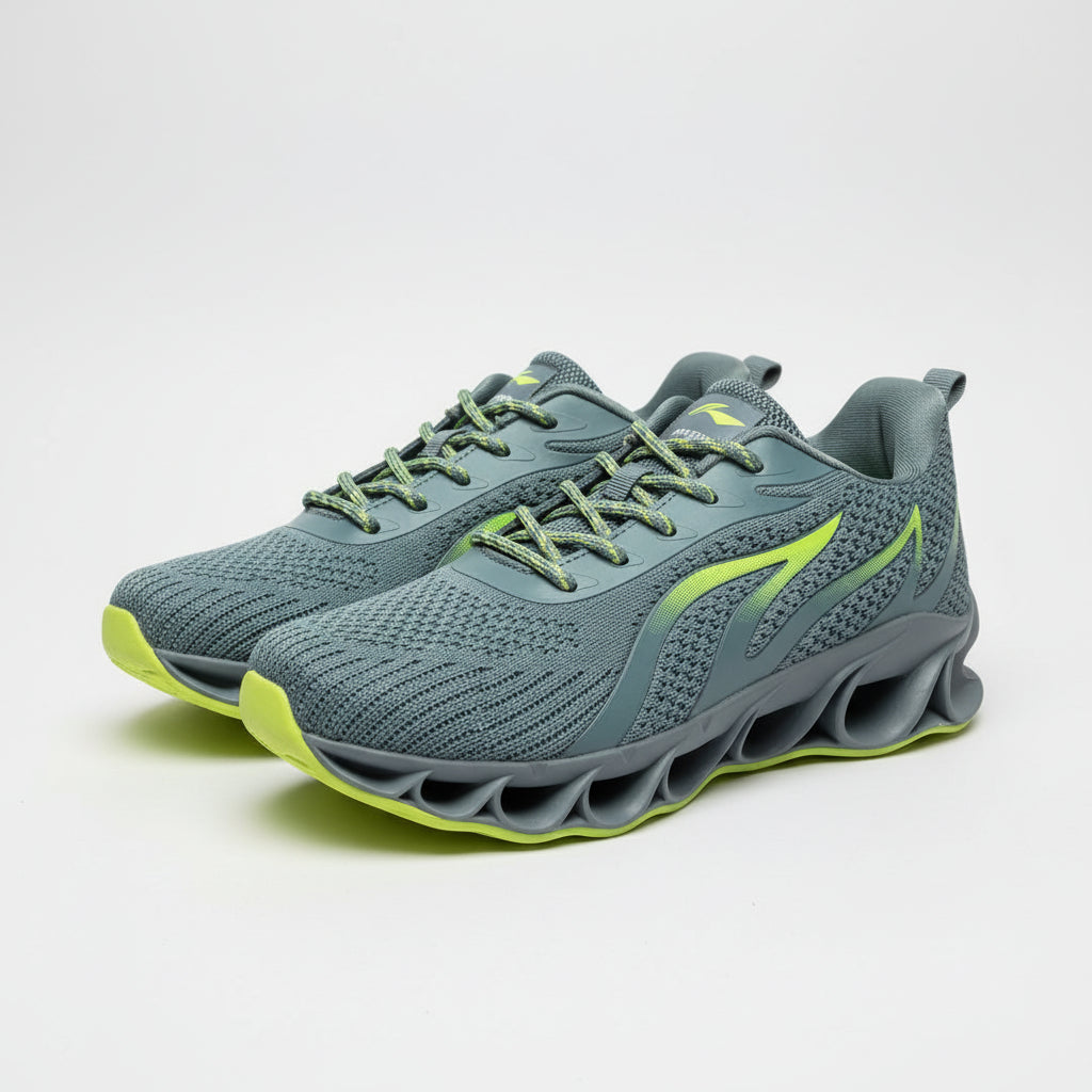 Green running shoe on a dark surface