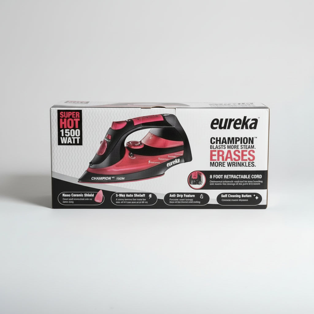Eureka Champion hair straightener packaging on a gray surface
