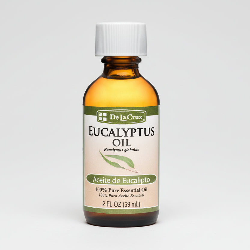 Bottle of De La Cruz Eucalyptus Oil on a white background