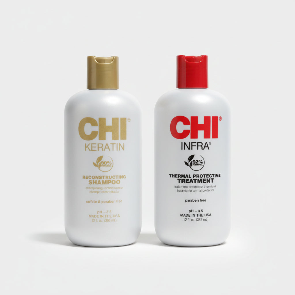 Two CHI hair care products in a store shelf setting