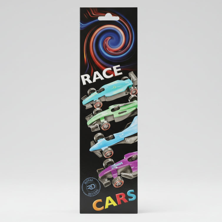 Cardboard box with a 'RACE CARS' toy packaging on top, surrounded by plastic bags and boxes.
