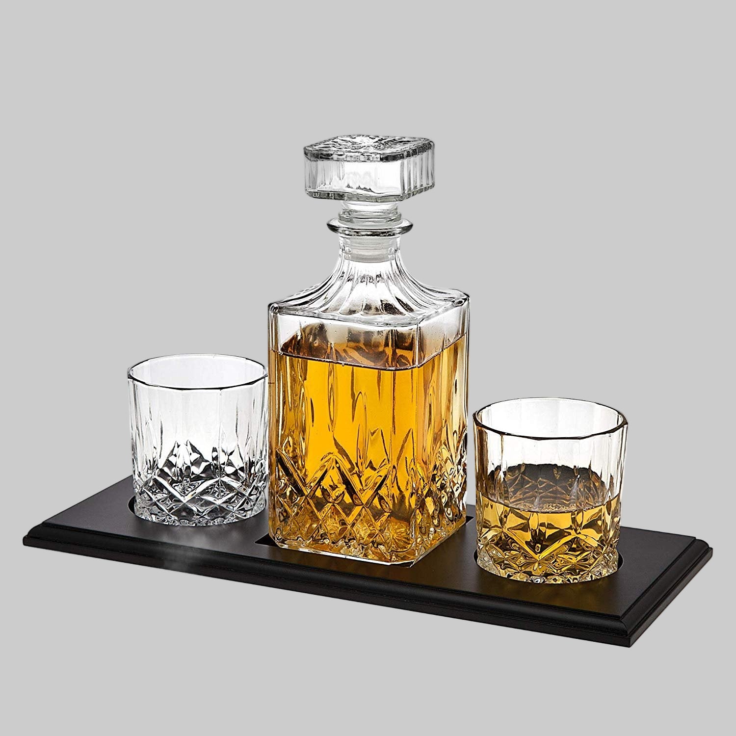 Godinger Whiskey Decanter and Glasses Barware Set  for Liquor Scotch Bourbon Wine or Vodka - Includes 2 Whisky Glasses on Wooden Display Tray Clear