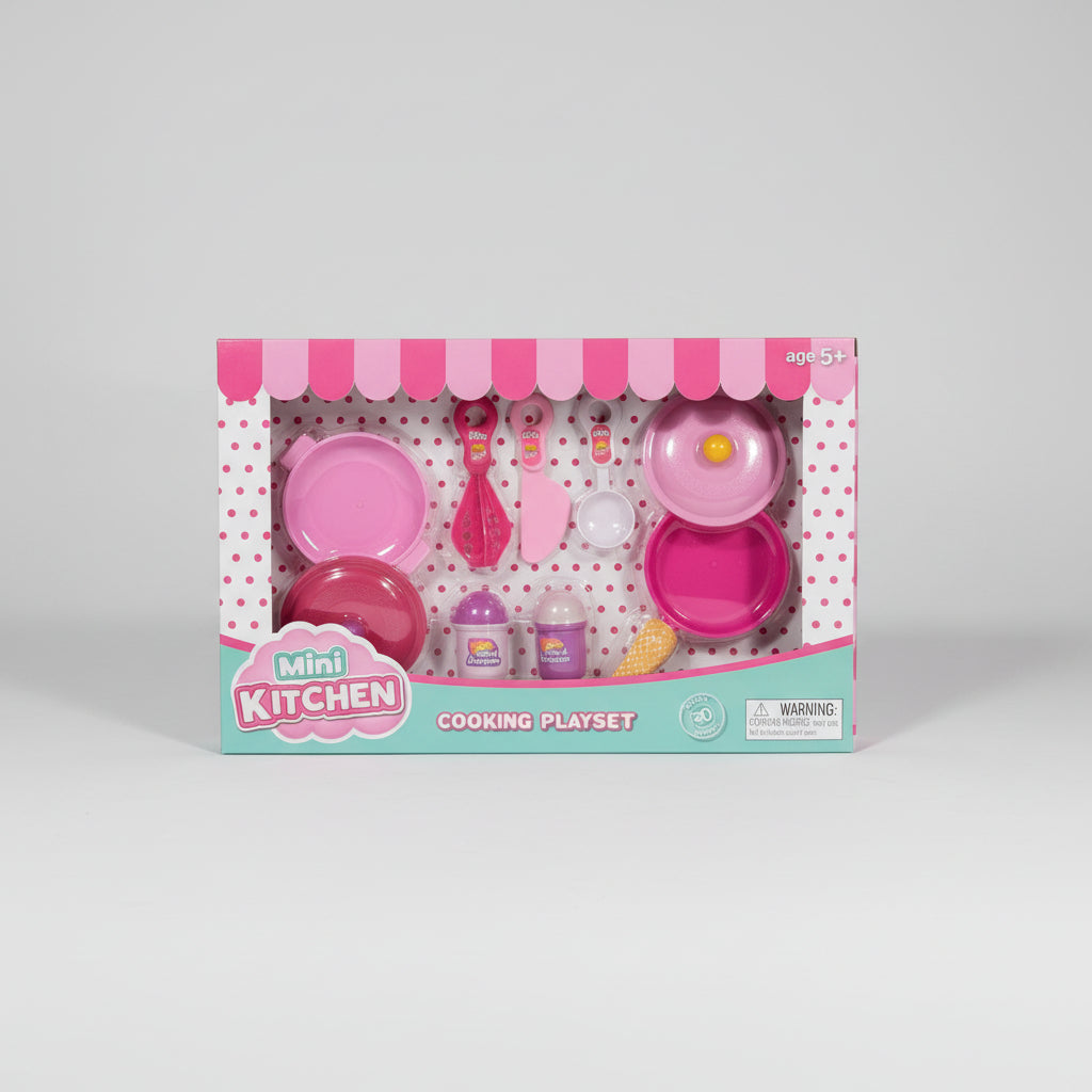 Children's toy kitchen set packaging on a concrete surface