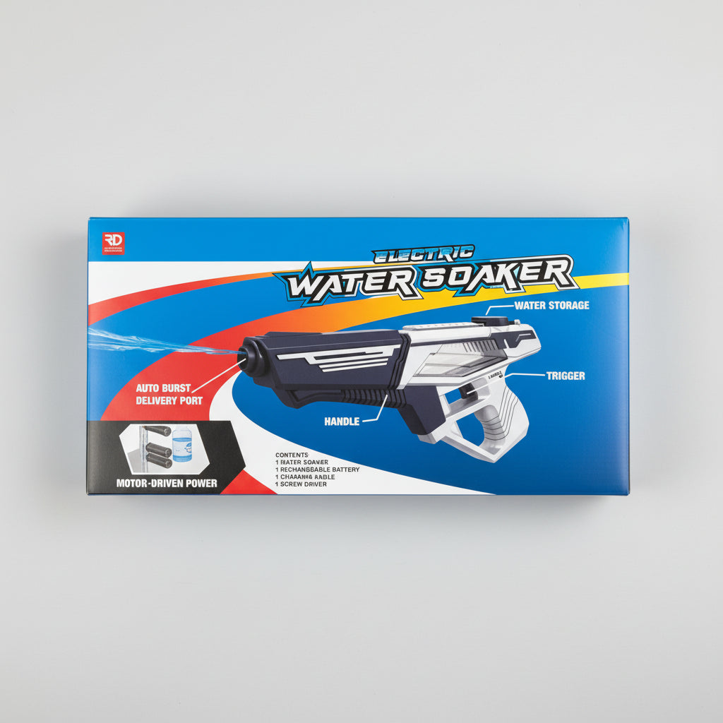 Blue and red box of a water blaster on a dark surface