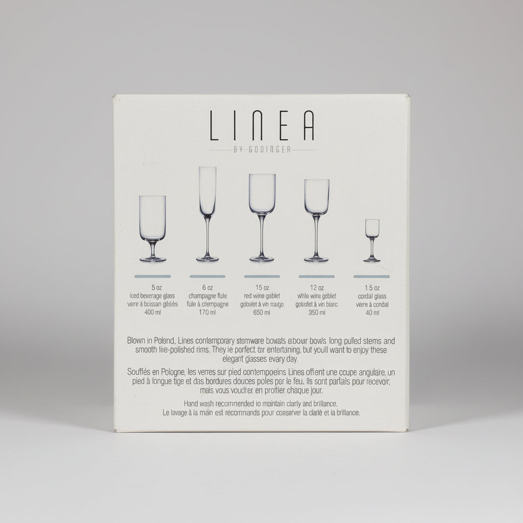 Cardboard box with 'Linea' branding and wine glass illustrations on a dark surface