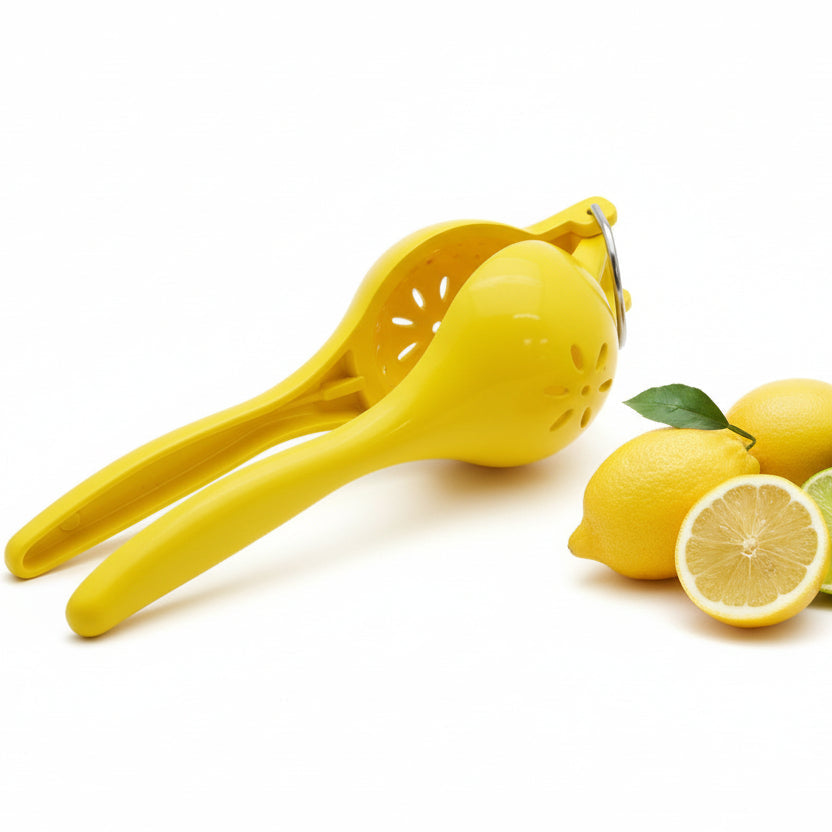 Yellow lemon squeezer with lemons and limes on a white background