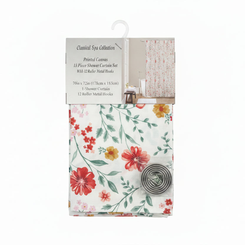 Floral patterned fabric with a label on a display stand