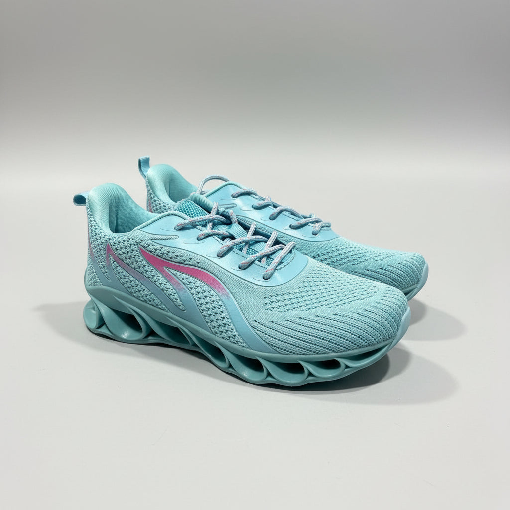 Light blue athletic shoe on a dark surface