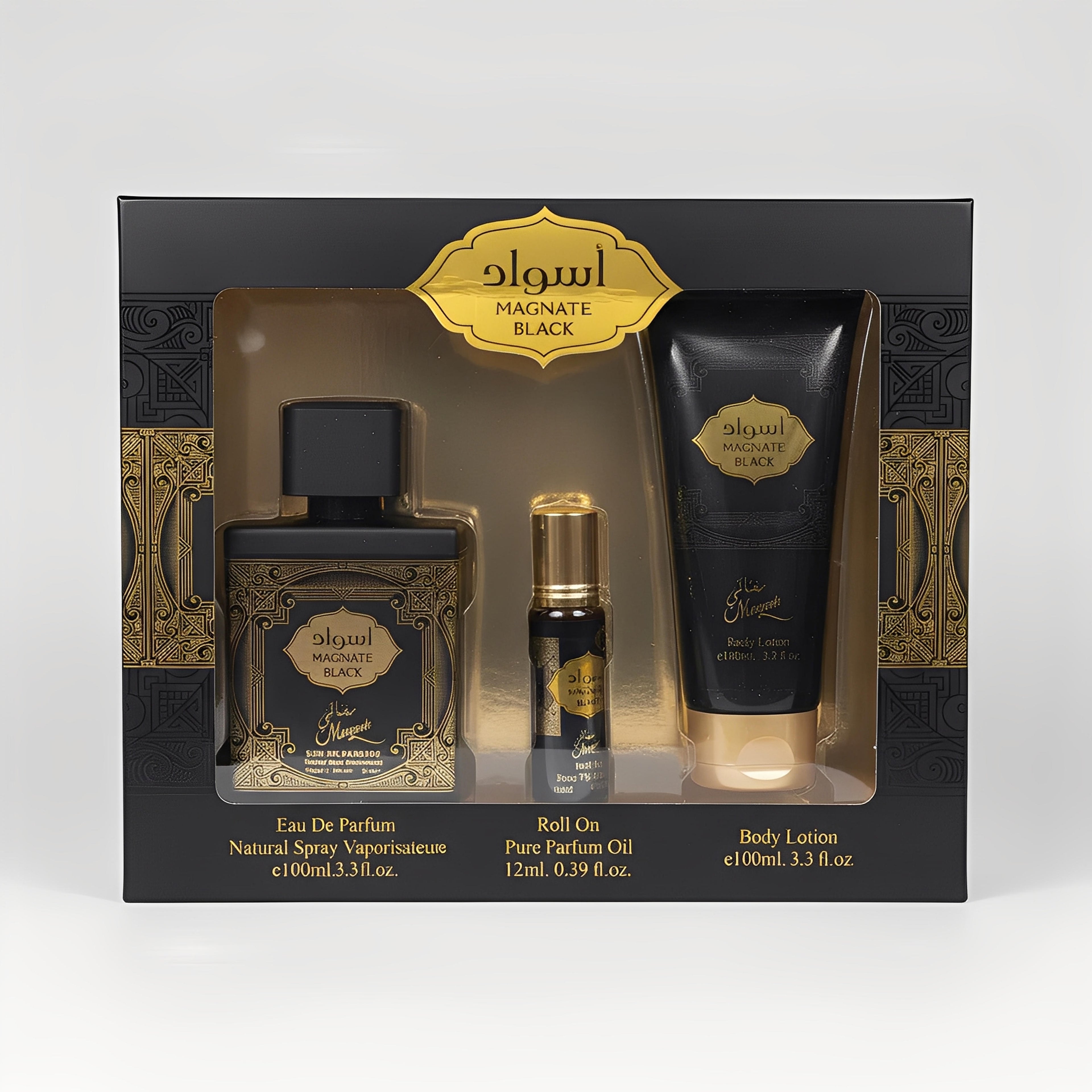 Magnate Black Eau de Parfum Roll-On Body Lotion Set – 100ml Eau de Parfum, 12ml Pure Oil, Sophisticated Woody Fragrance for Men