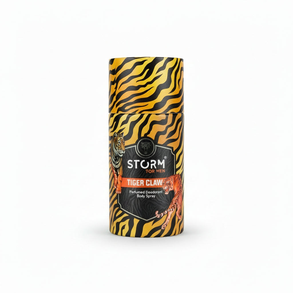 Deodorant canister with tiger stripe design and 'Storm for Men Tiger Claw' branding on a white background