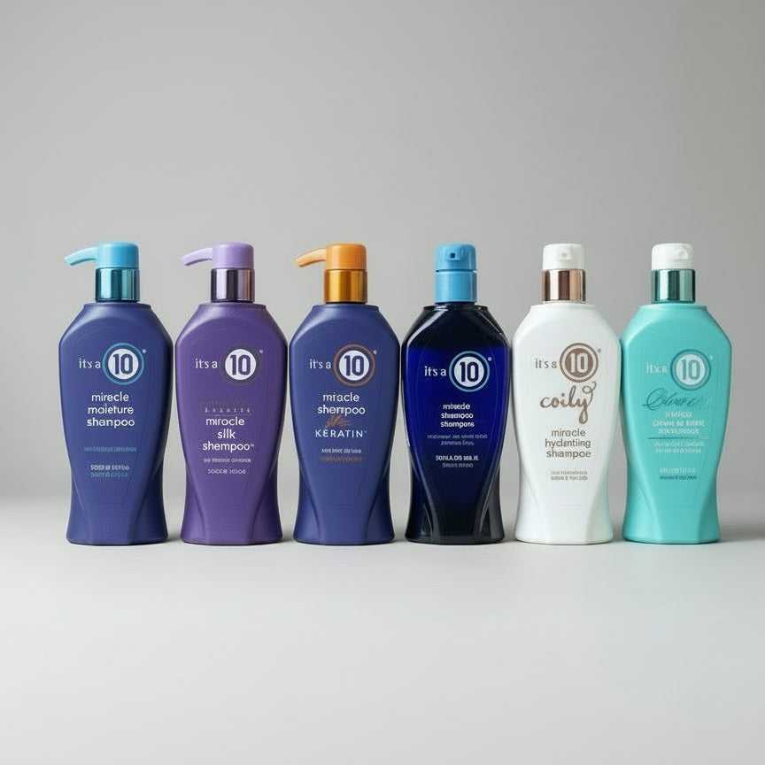 Shelf with various bottles of shampoo and conditioner in a store setting