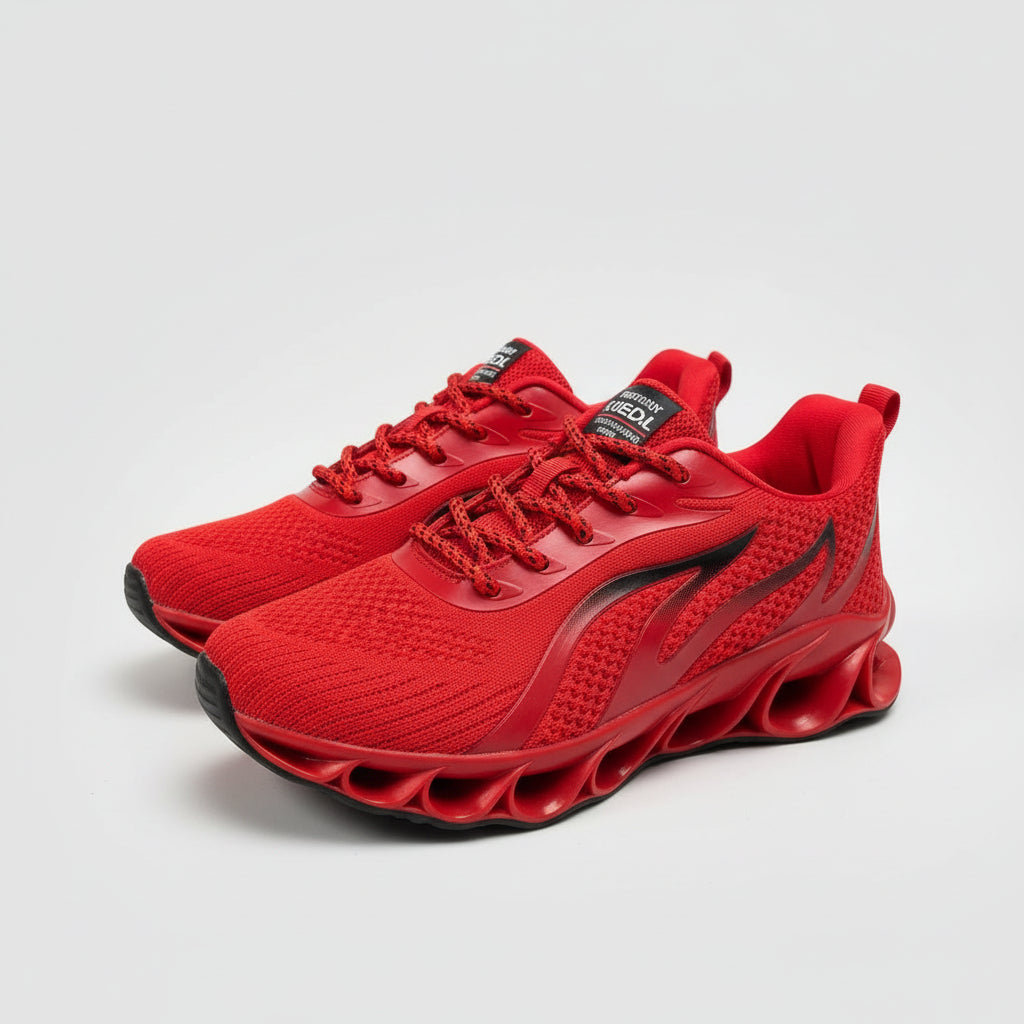 Red sneakers on a gray surface