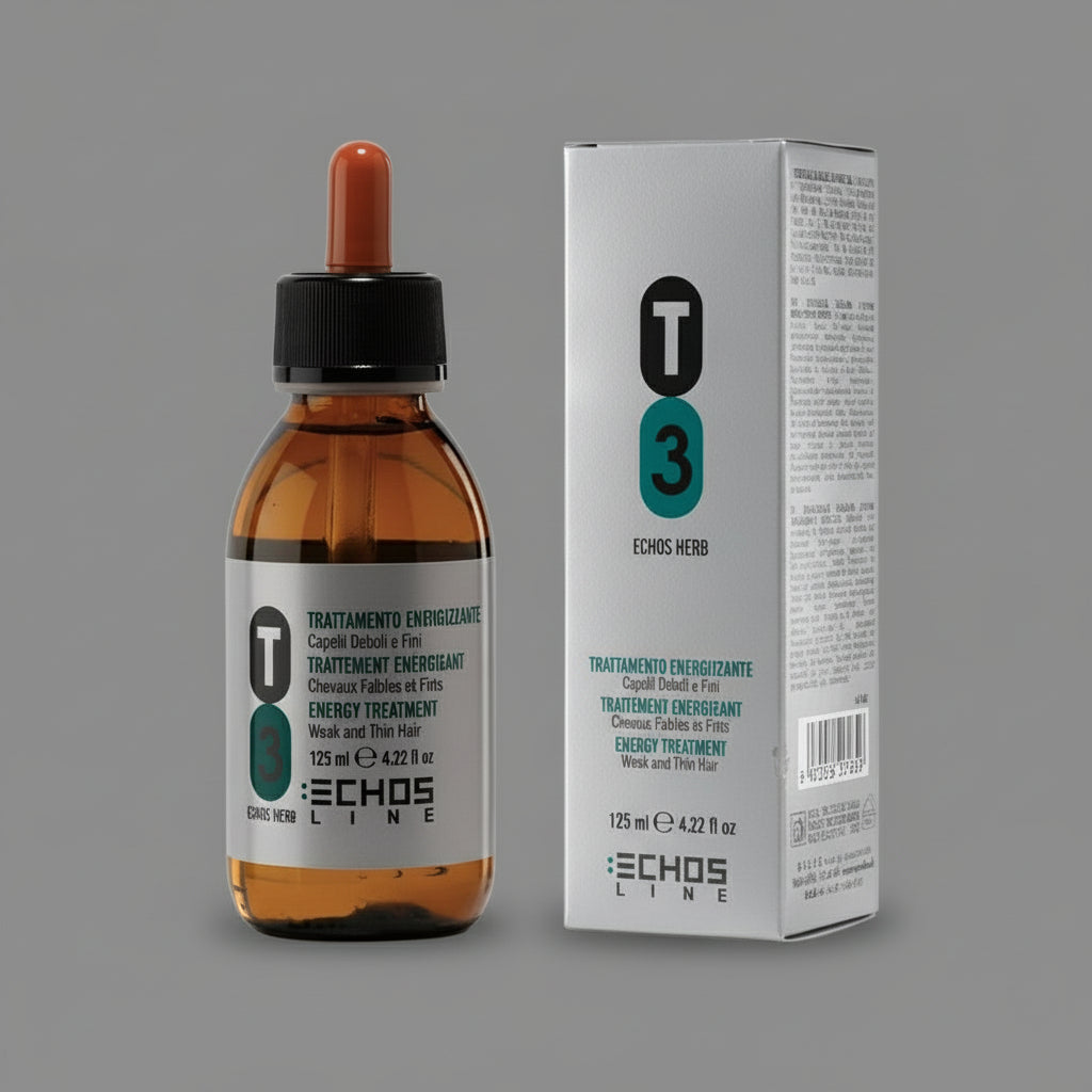 Brown bottle with dropper and white box labeled 'T3 Echos Herb' on a white background