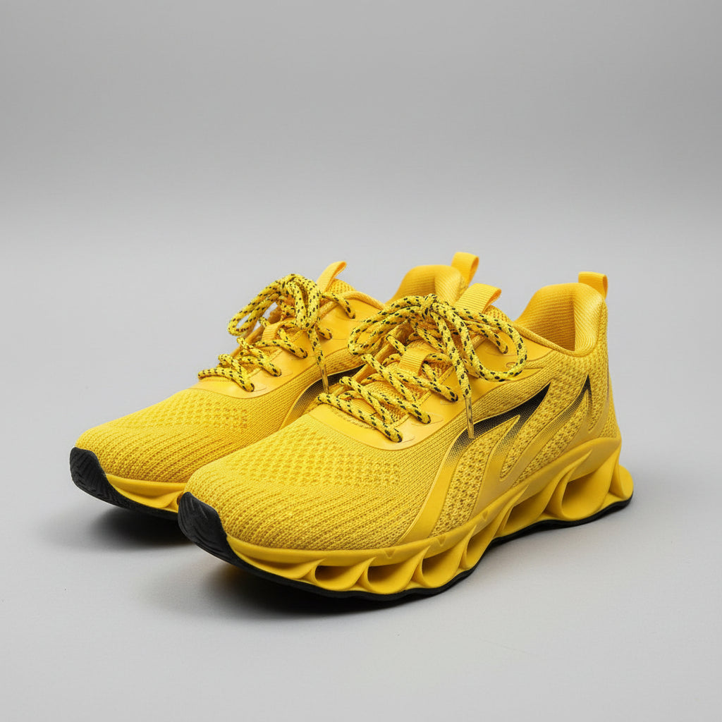 Yellow sneaker on a gray floor