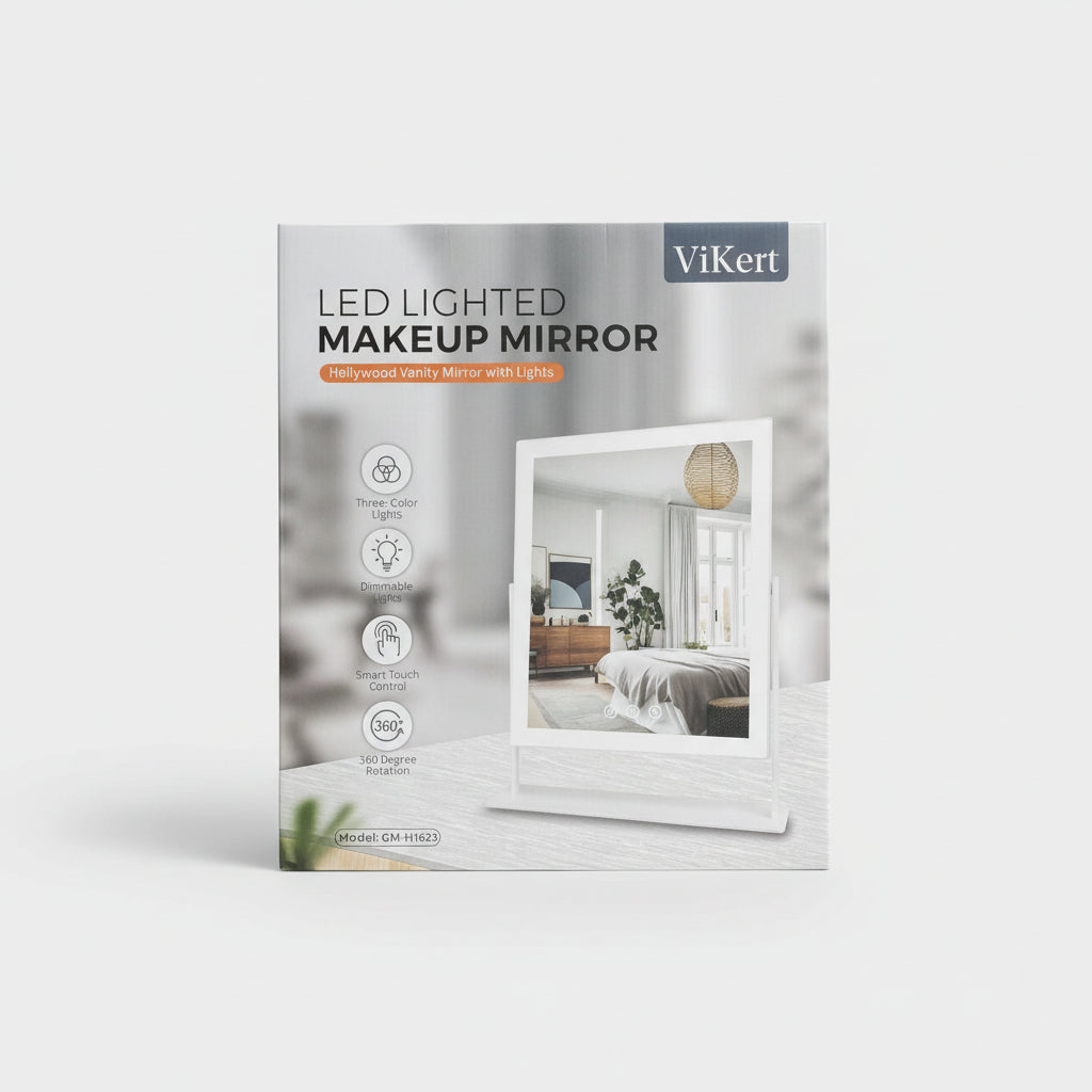 Package of a LED lighted makeup mirror on a textured surface