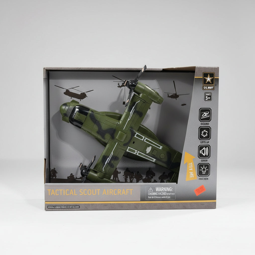 Toy model of a tactical scout aircraft in a display case with a store shelf in the background.