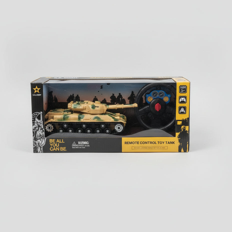 Toy tank model with packaging in a store setting