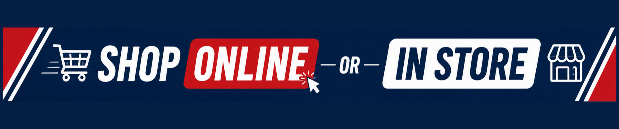 Promotional banner encouraging shopping online or in store with a blue background.