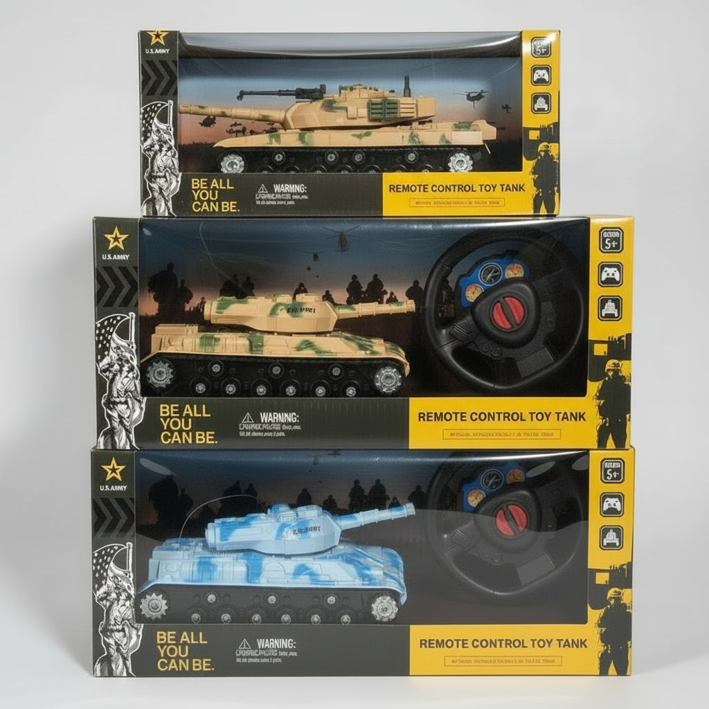 Beall remote control toy tank packaging in a store setting