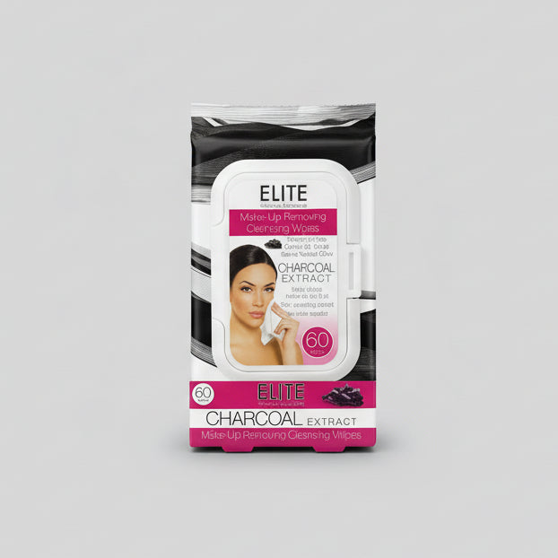 Pack of Elite charcoal face wipes on a dark textured surface