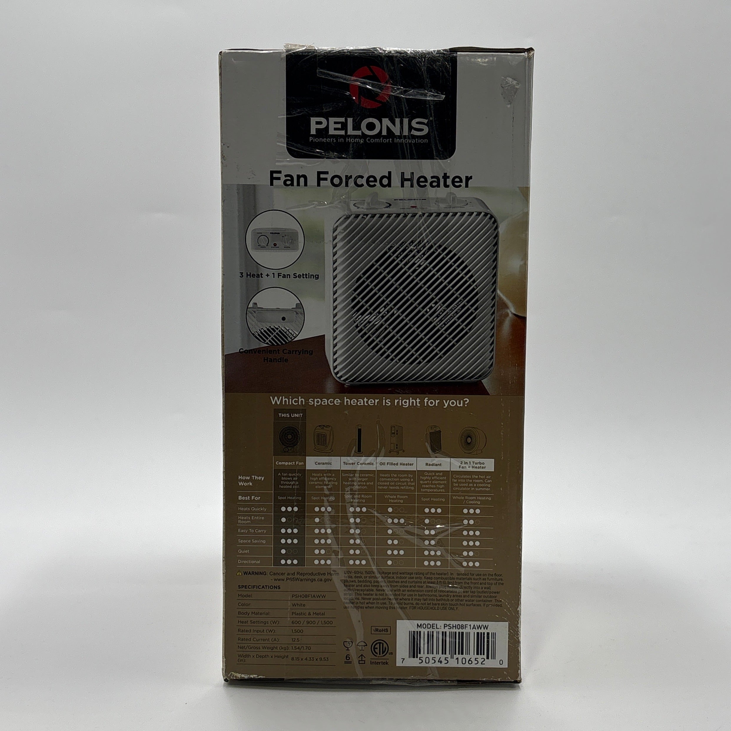 Pelonis 1500 W 3‑Speed Electric Fan‑Forced Space Heater – Black / White