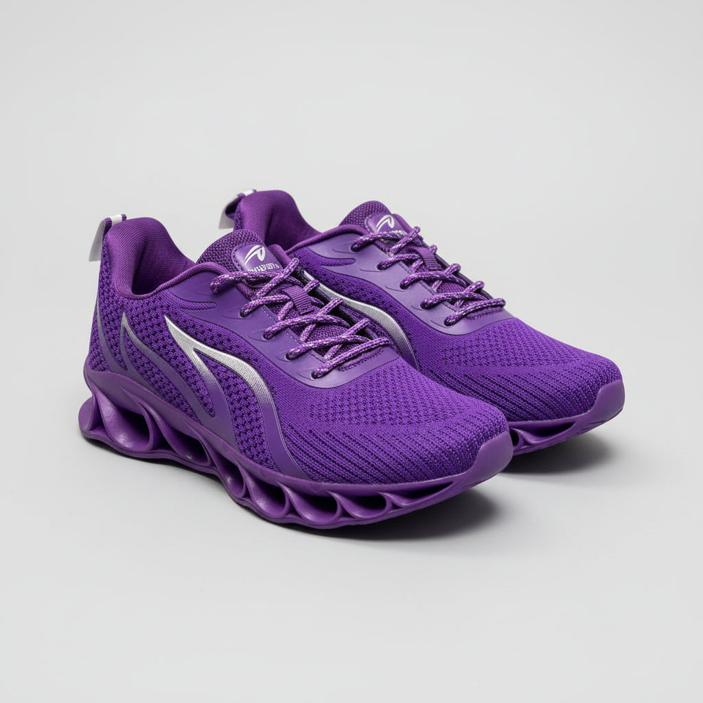 Purple sneaker with a white swoosh logo on a gray surface