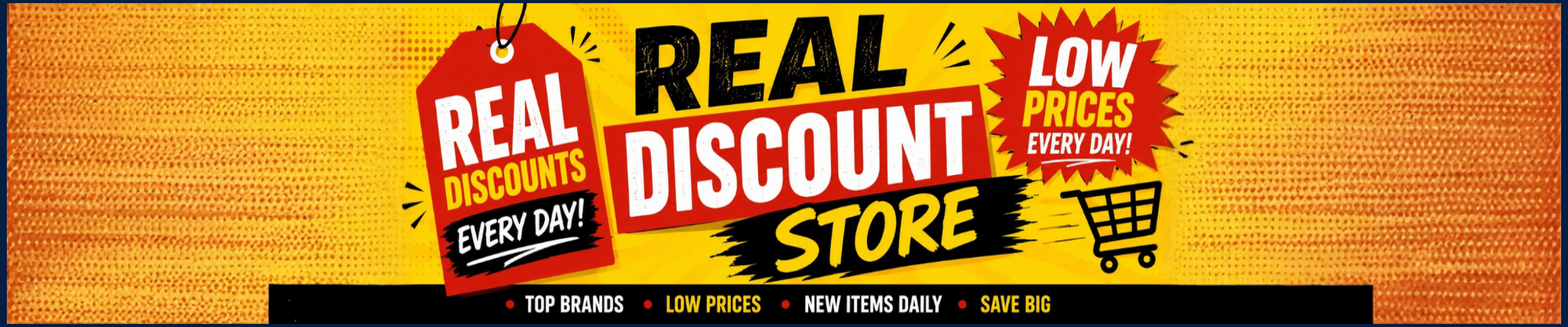 Promotional banner for a discount store with text and graphics on an orange background