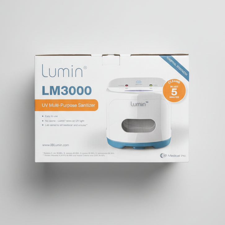 Lumin LM3000 UV multi-purpose sanitizer packaging on a gray surface