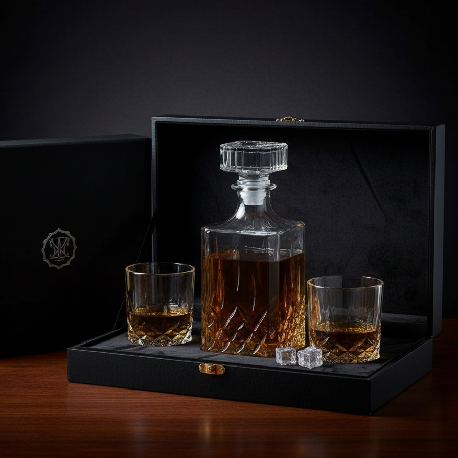 Whiskey decanter set with two glasses and ice cubes on a dark background