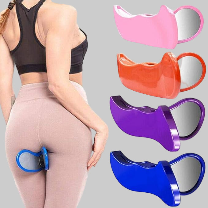 Person wearing a sports bra and leggings with colorful butt lifters on a white background