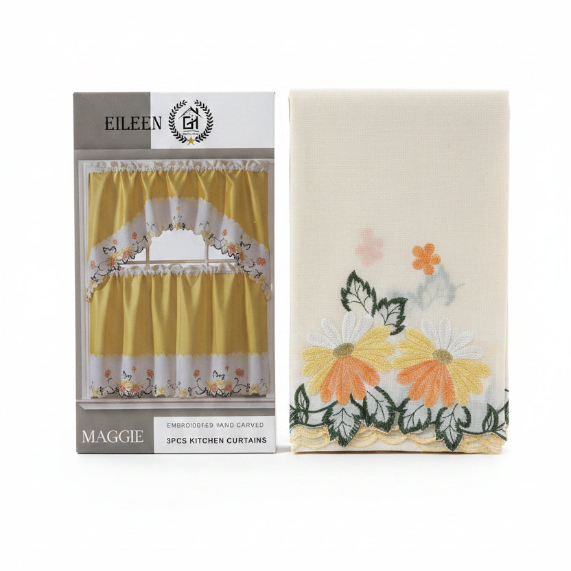 Embroidered hand-carved kitchen curtains with floral design on a display stand.