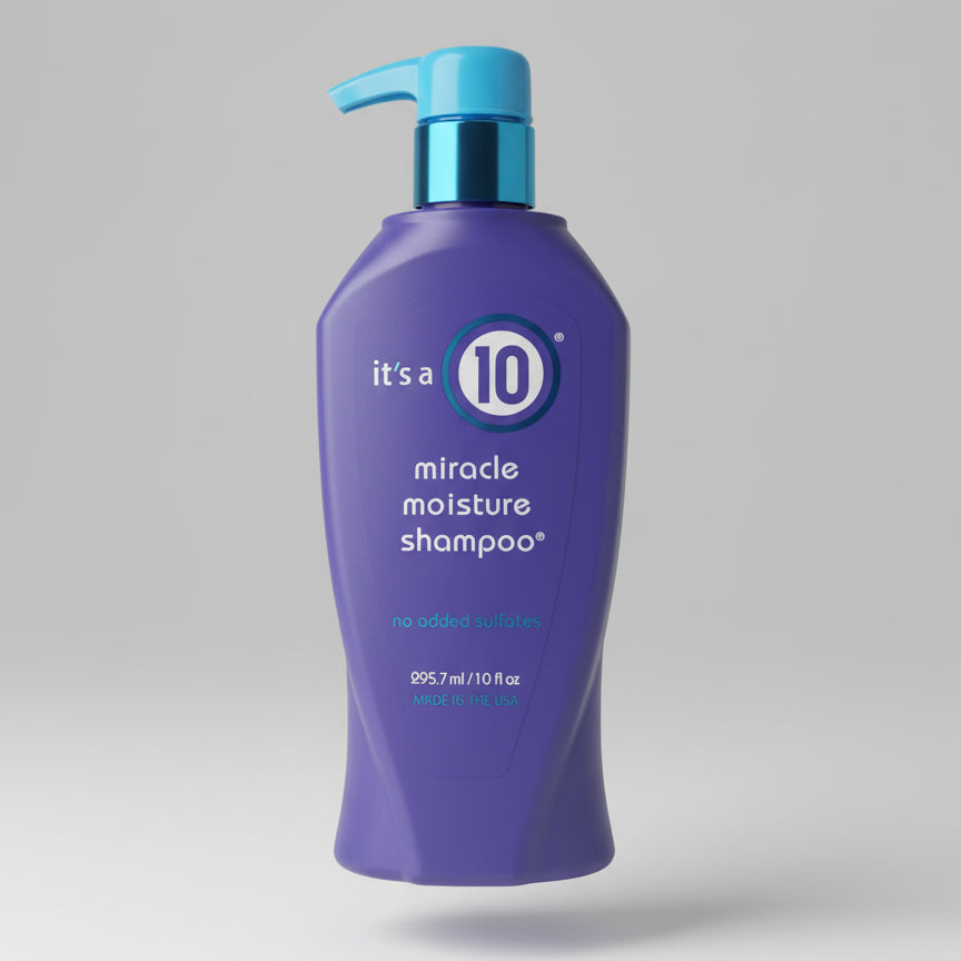 Purple shampoo bottle with blue pump on a store shelf