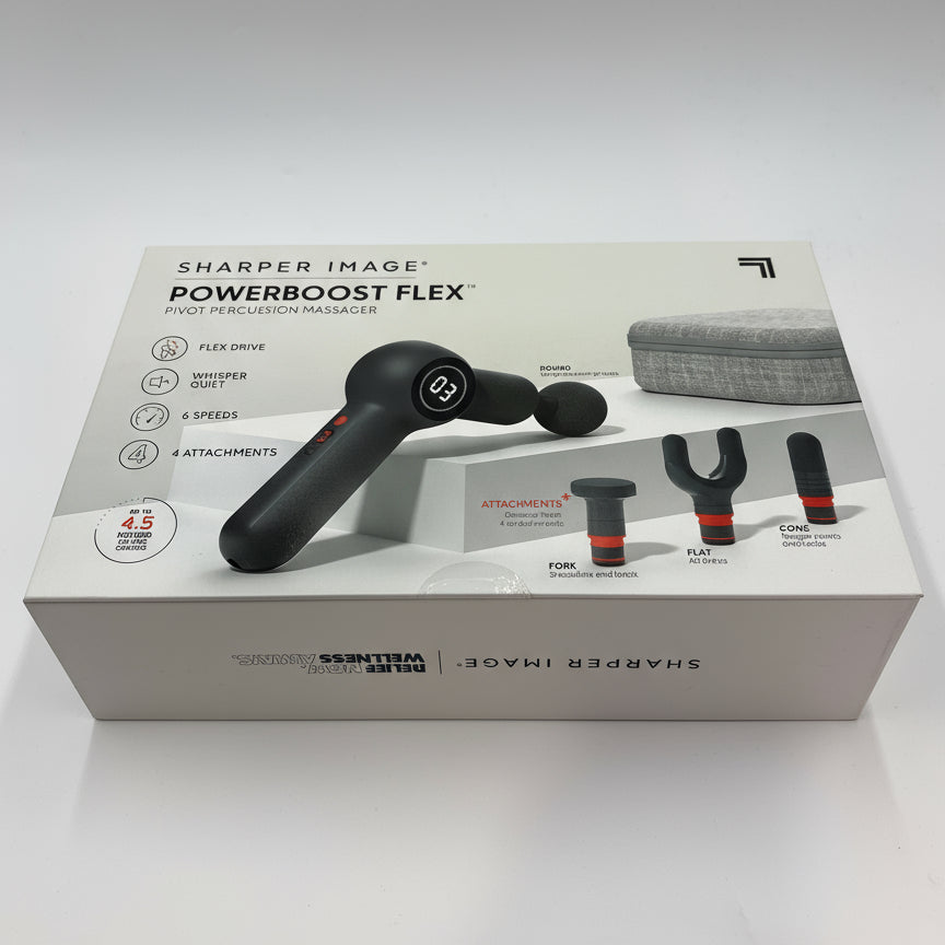 Sharper Image Powerboost Flex massager box showing the black handheld device with four attachments and safety features