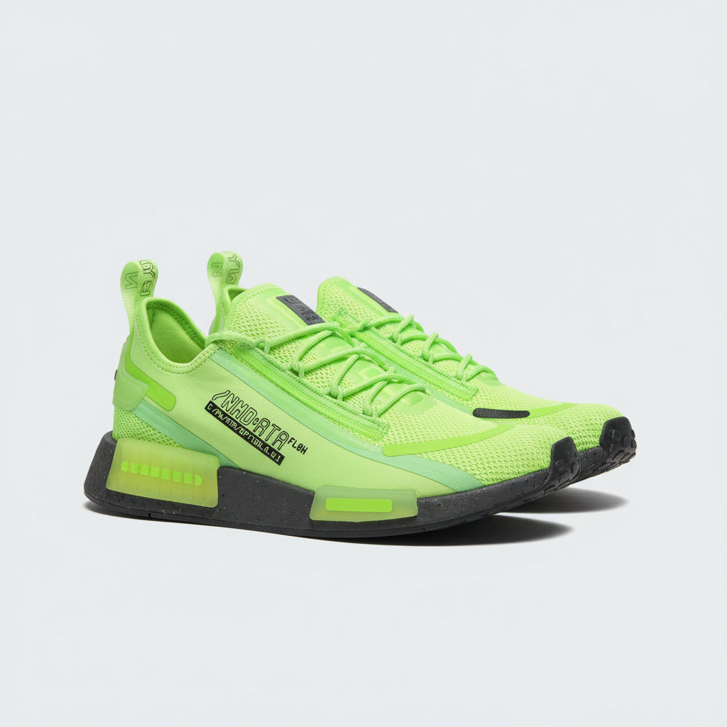 Neon green sneakers on a cardboard box with a blurred background
