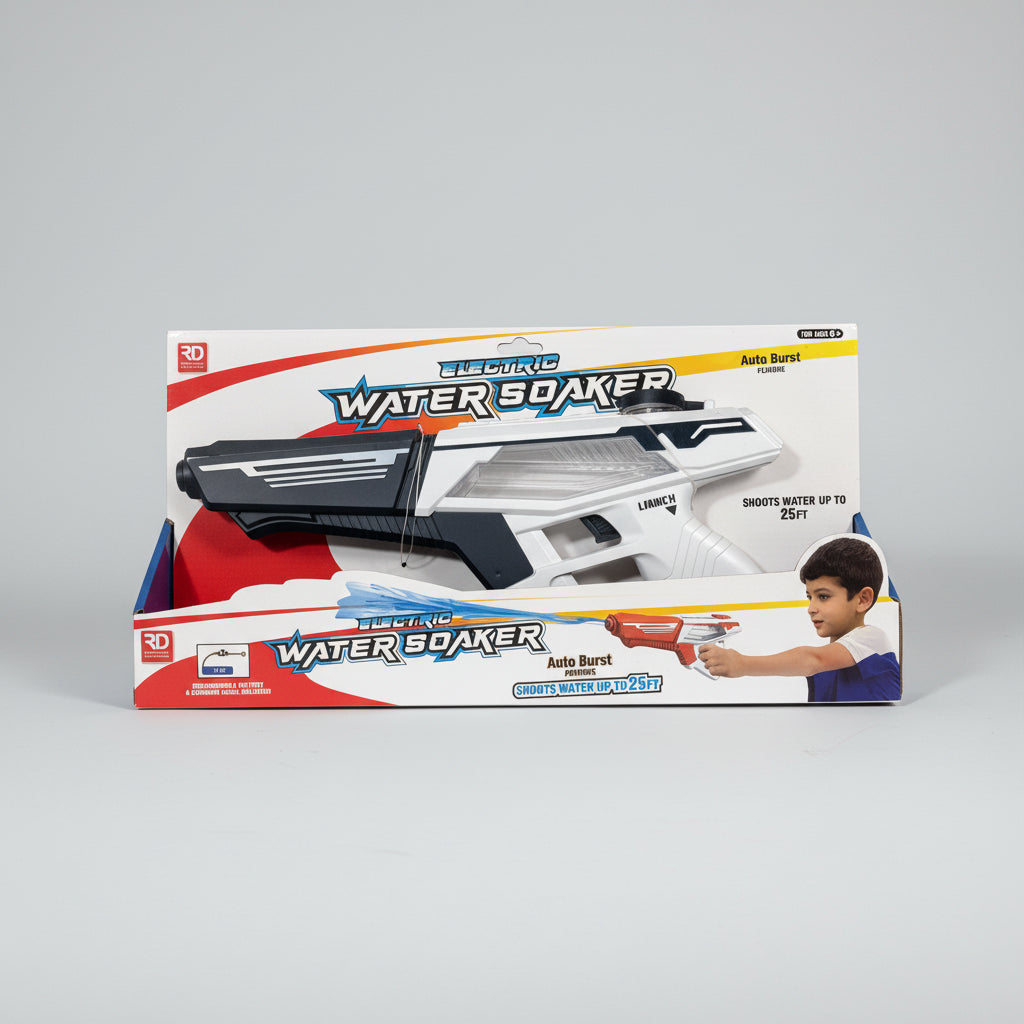 Toy water blaster packaging on a textured gray surface