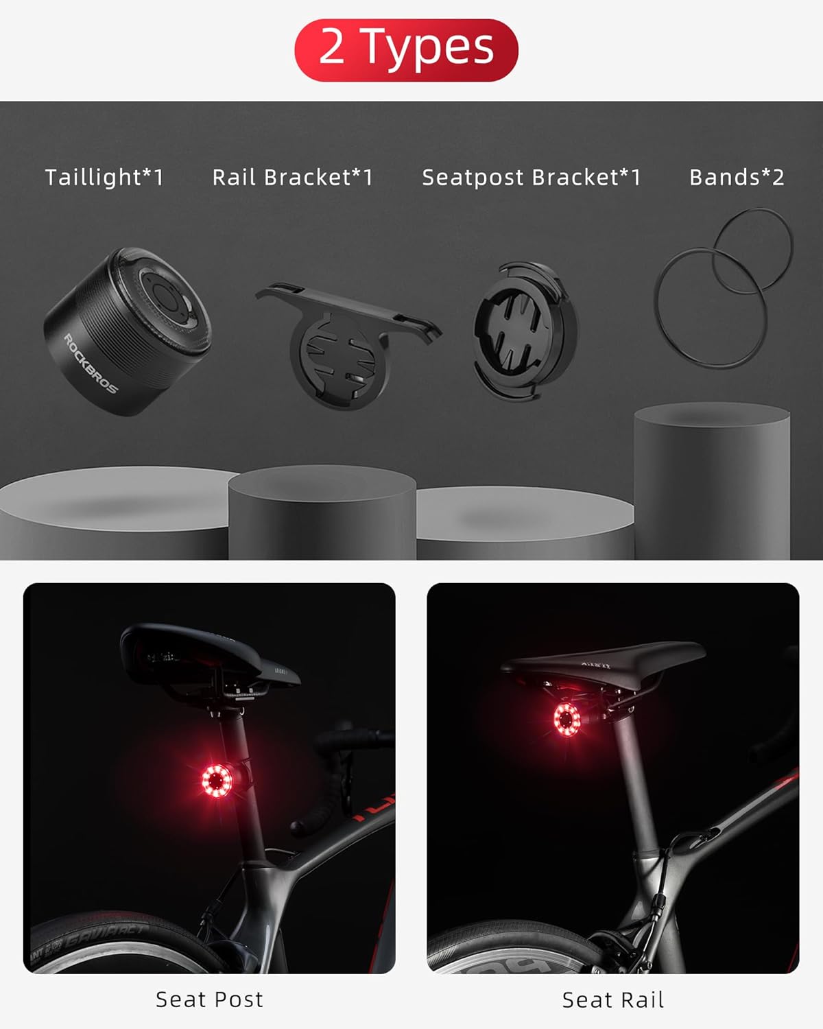 ROCKBROS Rechargeable Aluminum Alloy Bike Tail Light with 5 Modes