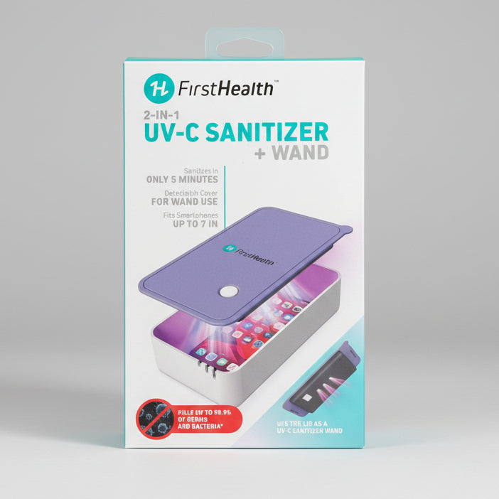 First Health 2-in-1 UV-C Sanitizer & Wireless Charger - Disinfects Devices, Supports 10W Fast Charging, Removable Cover, 7" Phone Compatibility