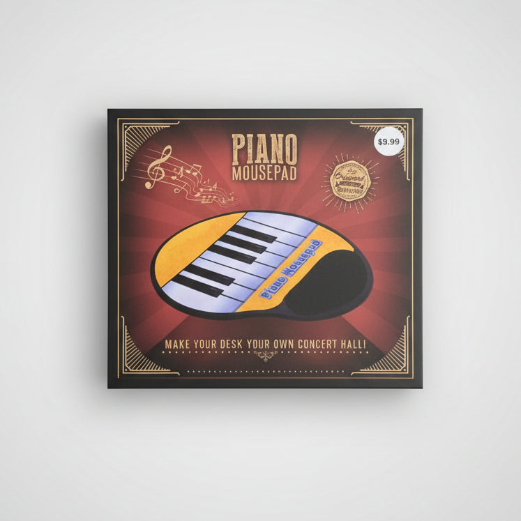 Piano mouse pad packaging on a dark surface