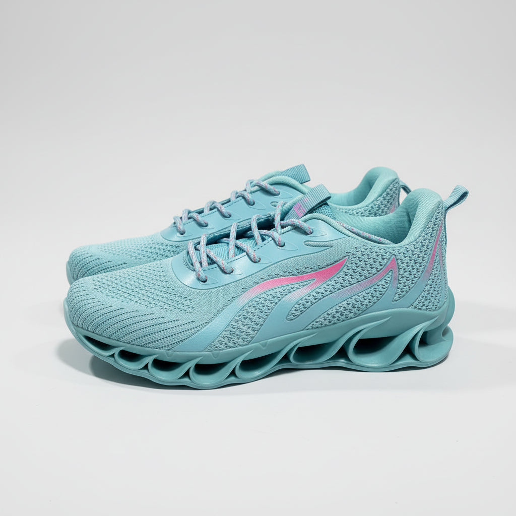 Light blue running shoe with pink accents on a gray surface