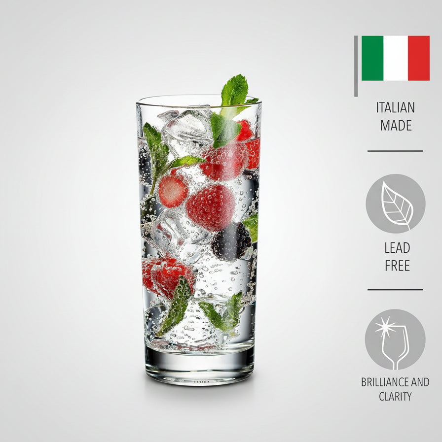 Clear glass with berries and ice, labeled 'Italian Made', 'Lead Free', and 'Brilliance and Clarity'.