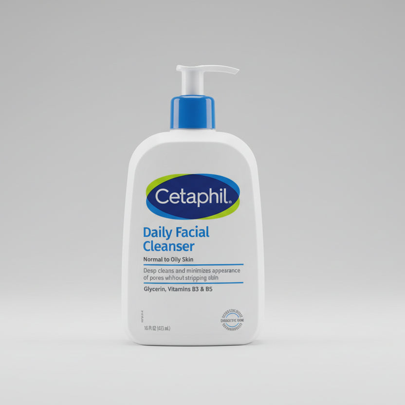 Cetaphil daily facial cleanser bottle on a wooden surface
