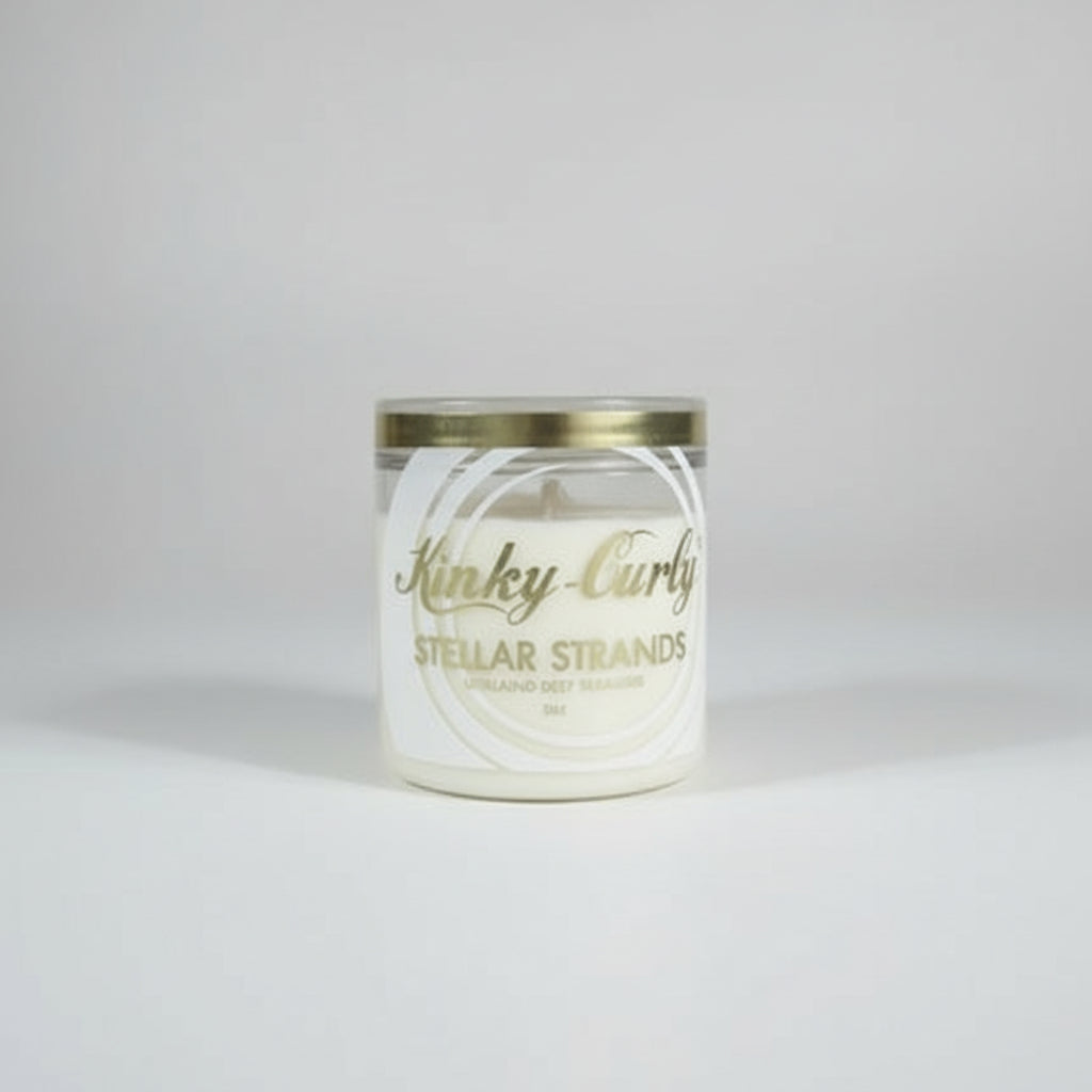 Four cylindrical hair product containers with 'Kinky Curly' branding on a light gray background.