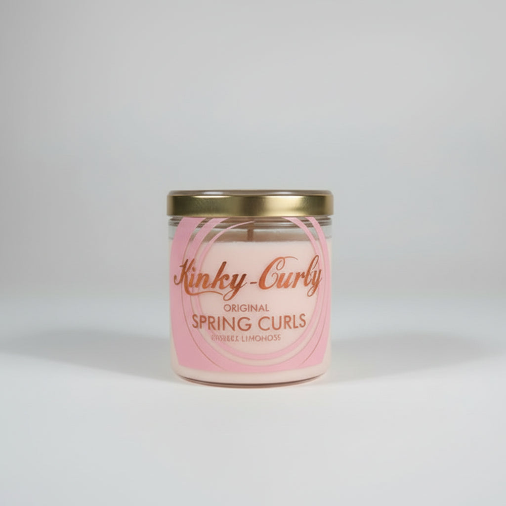 Four cylindrical hair product containers with 'Kinky Curly' branding on a light gray background.