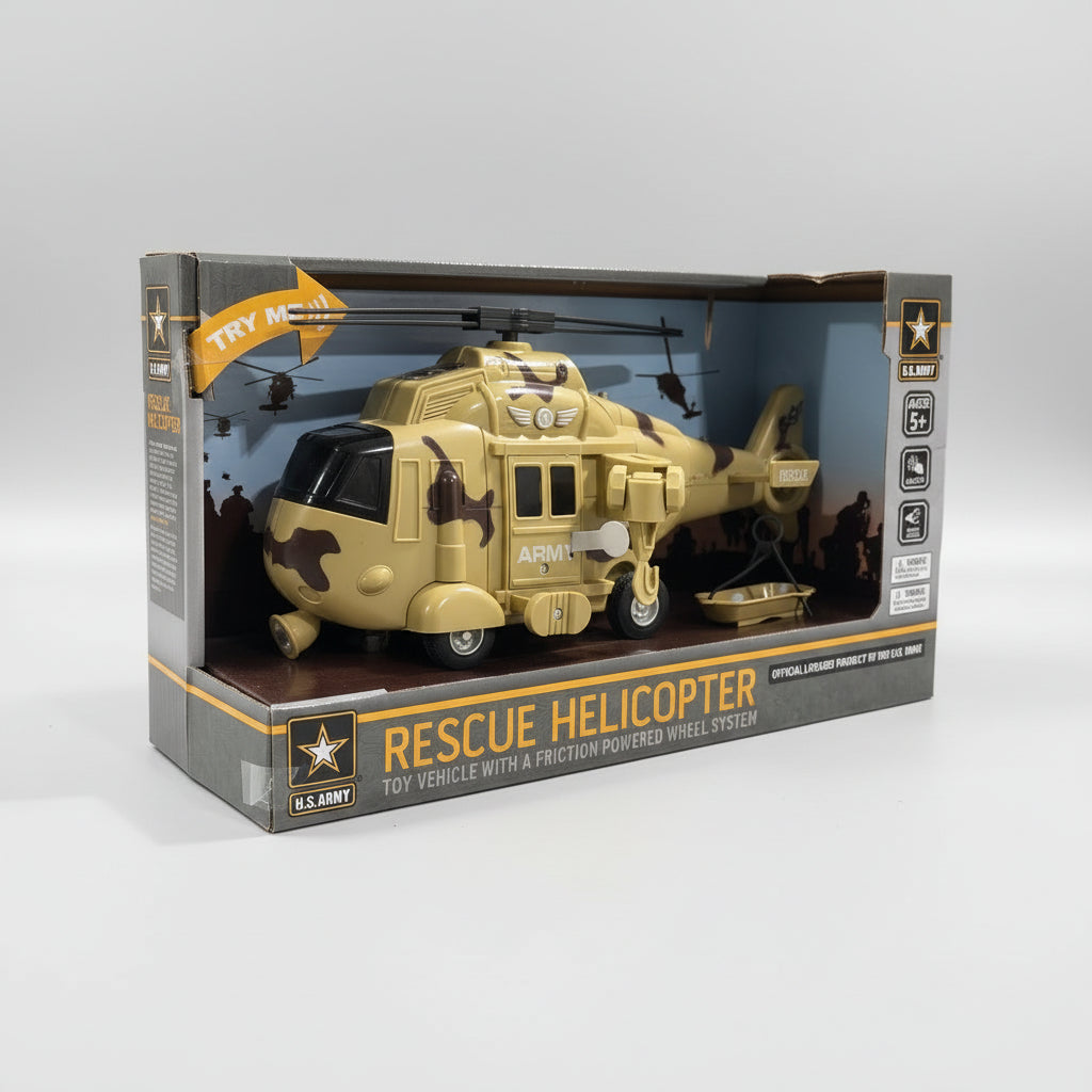 Model rescue helicopter toy in packaging with visible branding